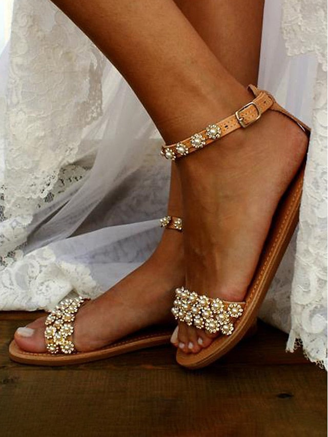 Beaded Sandals Boho Floral Ankle Chic with Straps Flat for