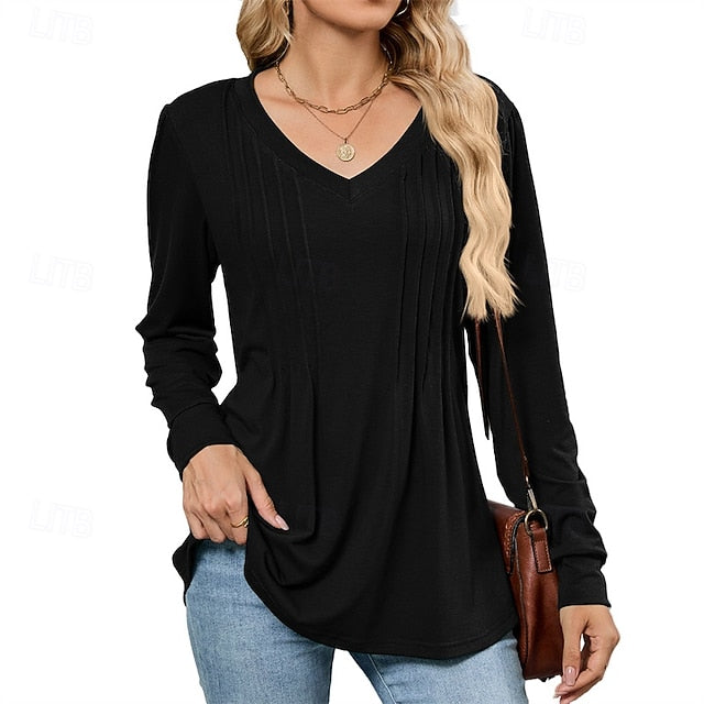 Women's T Shirt Plain Casual Long Sleeve V Neck Regular