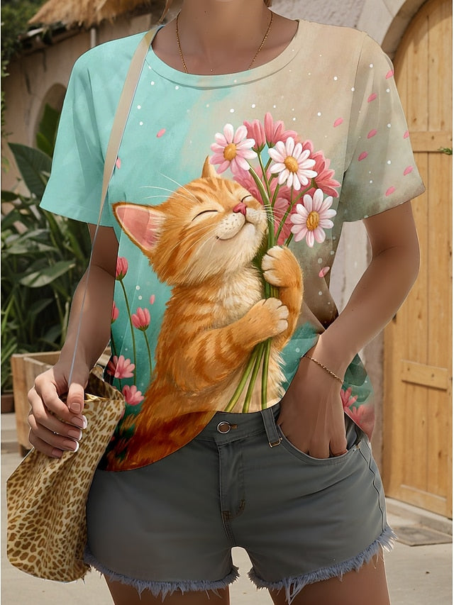 Women's T Shirt Print Graphic Animal Cat Stylish Classic