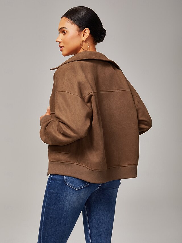 Women's Relaxed Faux Suede Zip Jacket Lapel Collar Ribbed