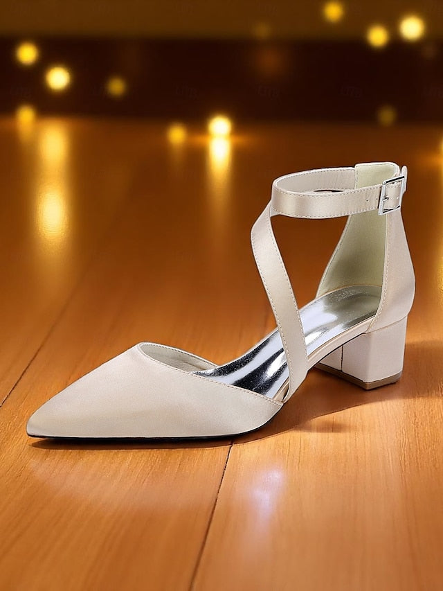 Women's Pointed Heels Toe Satin Block Champagne -