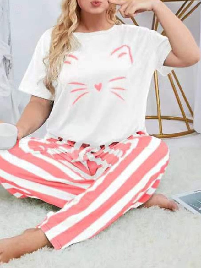 Women's Blouse Pants Sets Short Sleeve Crew Neck Cat