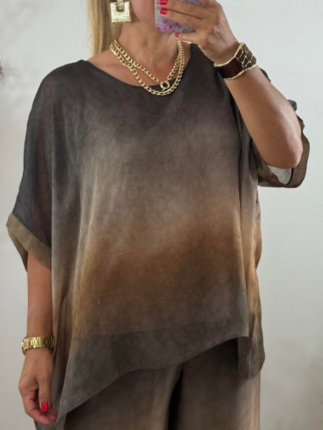 Women's Pants Sets 3/4 Length Sleeve Crew Neck Gradient