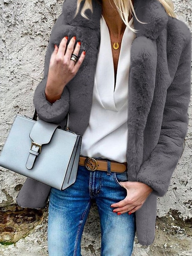 Comfortable Casual Plain Coat Going Warm Women's Fur Collar