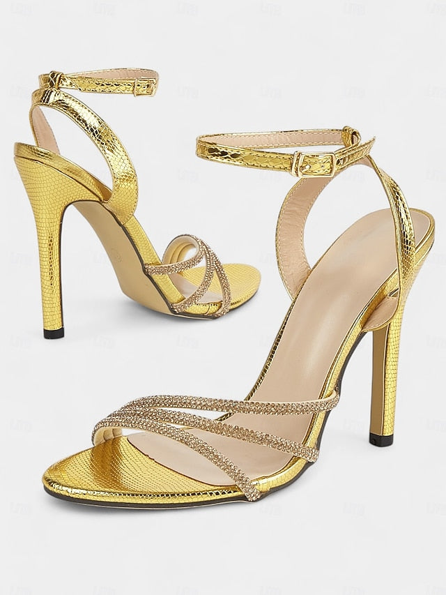 Rhinestone-Embellished Women Sandals for Stiletto Open-Toe Gold