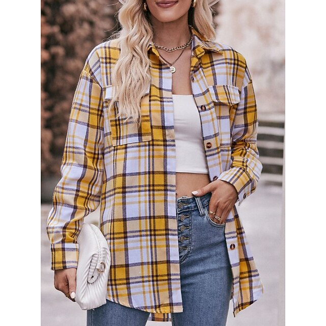 Women's Shirt Pocket Buttons Print Plaid Vintage Tropical