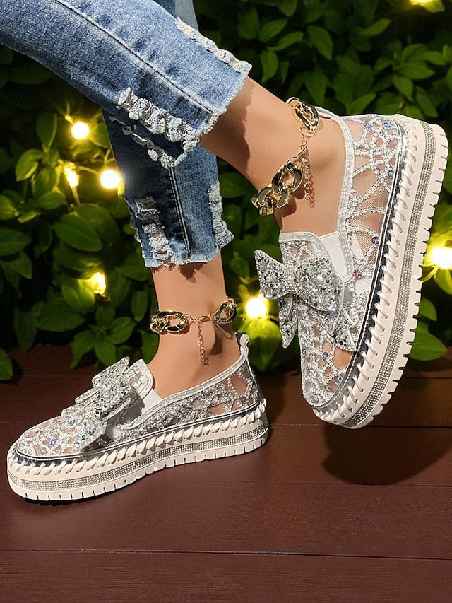 Lace Women's Bow with Rhinestone Black Shoes Slip-On