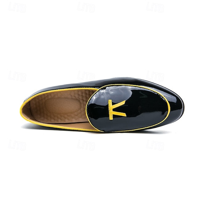 Faux Trim Black Men's Leather Patent Loafers Yellow with