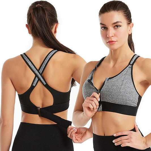 Women's High Support Sports Bra Running Bra Cross Back Zip