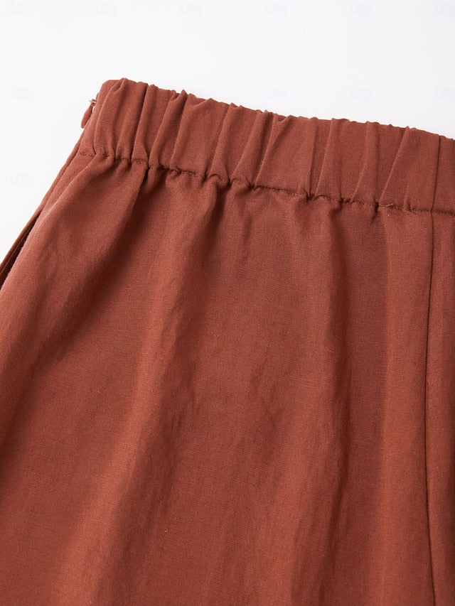 Lyocell-blend Broadcloth Solid Color Loose Long Pants