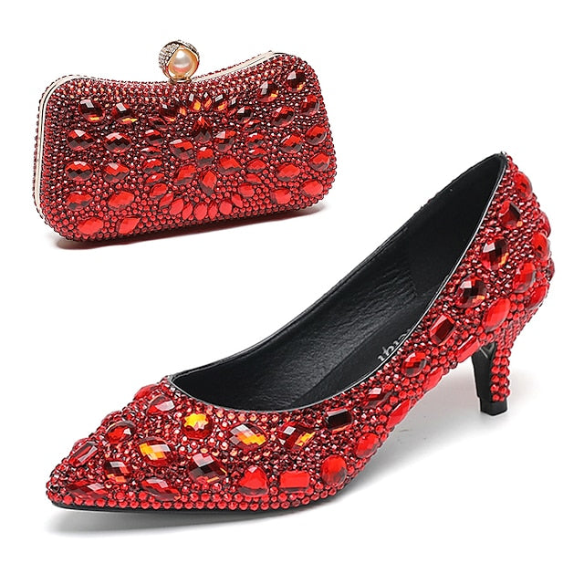 Crystal-Embellished Heel Kitten Shoes Matching and Women's