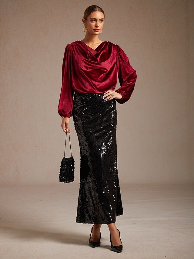 Women's Shirt Velvet Blouse Dressy Tops Elegant Cowl Neck
