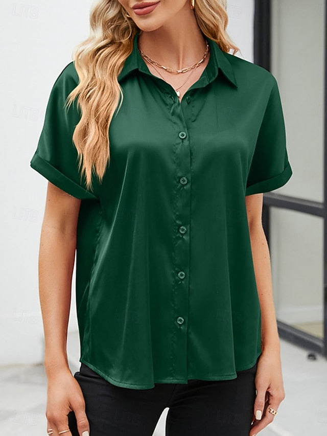 Women's Shirt Elegant Dressy Satin Top Buttons Solid Color
