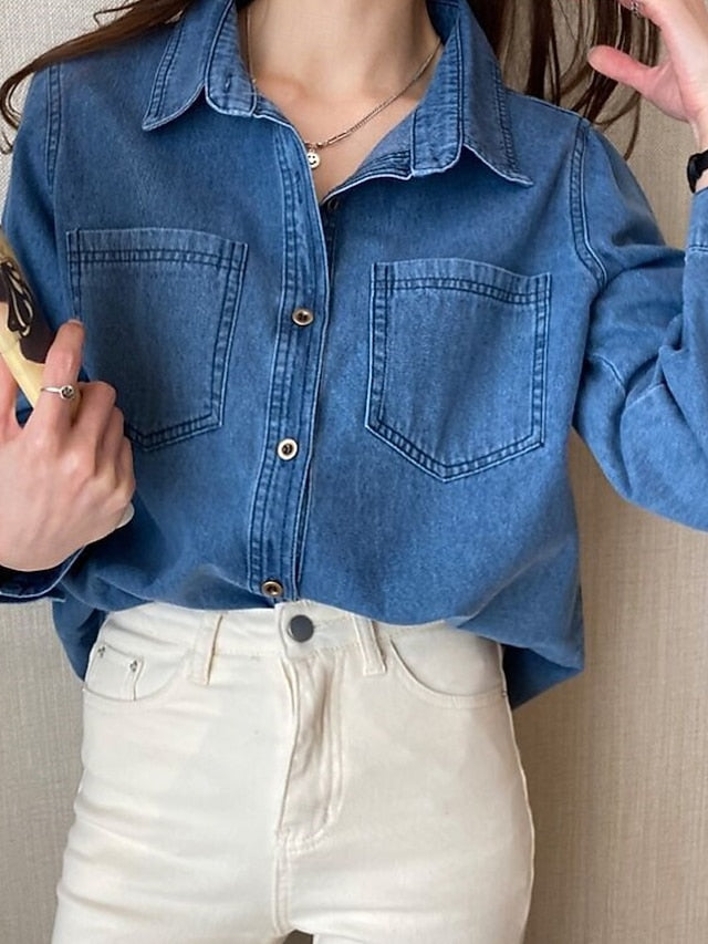 Women's Shirt Blouse Pocket Buttons Plain Casual Long