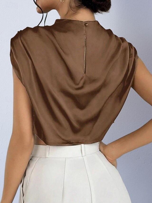 Women's Shirt Satin Shirt Blouse Wrap Crop Top Ruched Plain