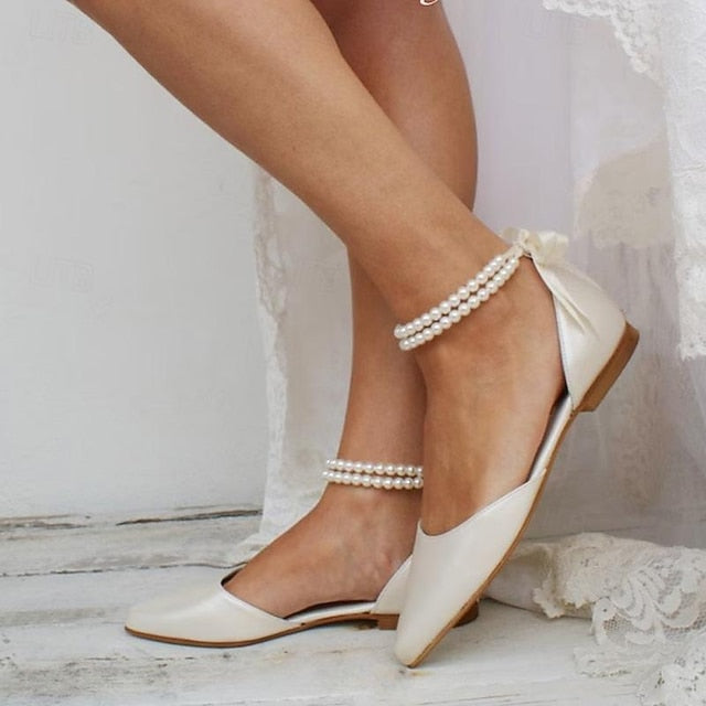 Flats Strap Bridal Pearl – Elegant White Ankle Women's