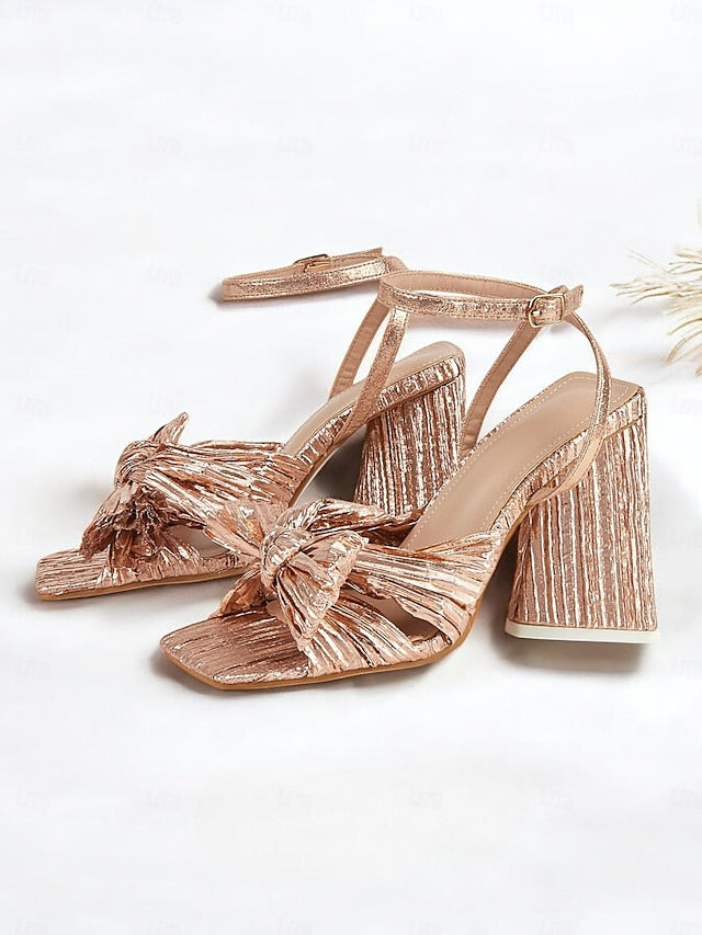 Gold Block and Heel Textured Knot Detail Rose with Sandals