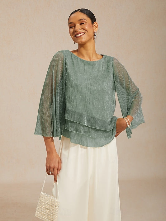 Women's Blouse Chiffon Tops Sequins Pleated Patchwork