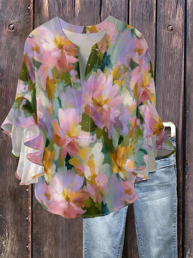 Women's Blouse Ruffle Print Floral Stylish Modern 3/4