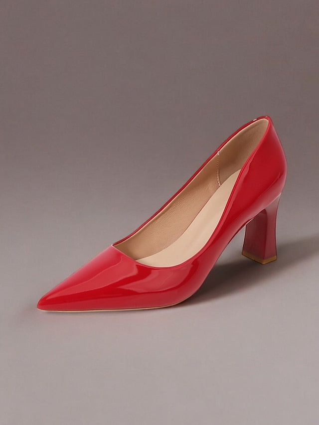 Glossy Heel Leather Pointed-Toe Patent Faux Block Pumps Green