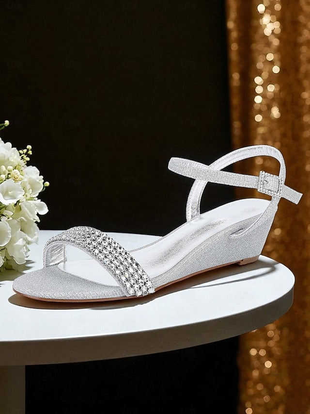 Open Women's Sandals Champagne Wedge - Toe Rhinestone