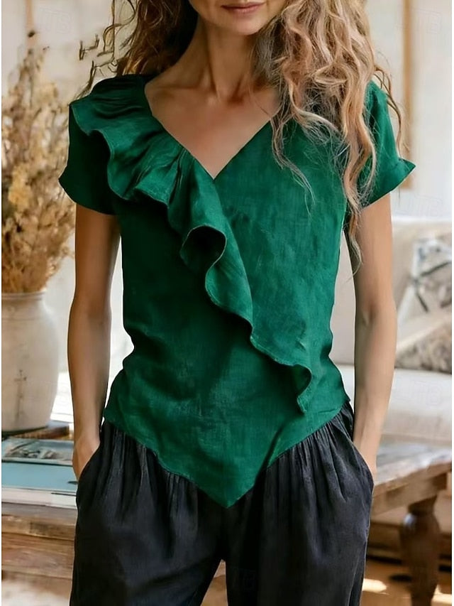Women's Summer Shirt Casual Shirt Blouse Ruffle Solid Color