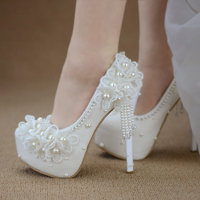 Women's White Lace Floral with Platform Wedding Heels