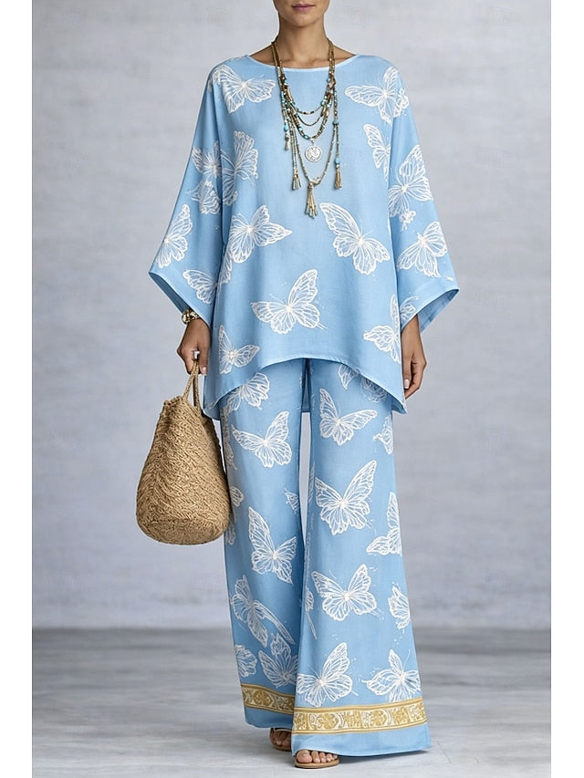 Women's Pants Sets Long Sleeve Round Neck Graphic Butterfly