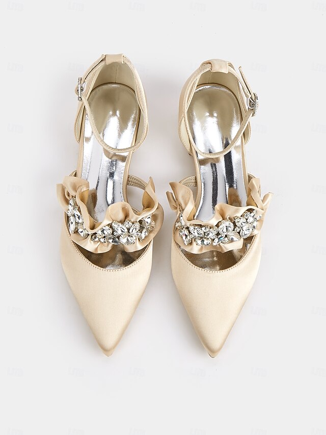 with Satin Pointed-Toe Flats Black Rhinestone Women's
