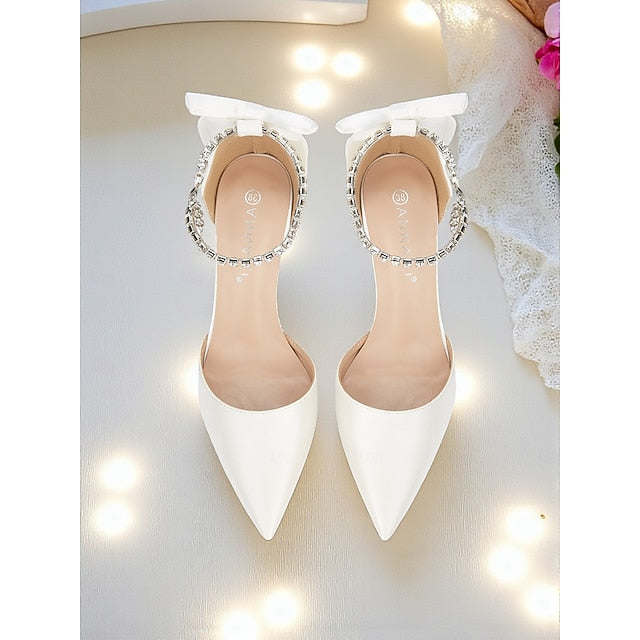 Satin Women's Bow Toe Pointed and with Heels Stiletto Ivory