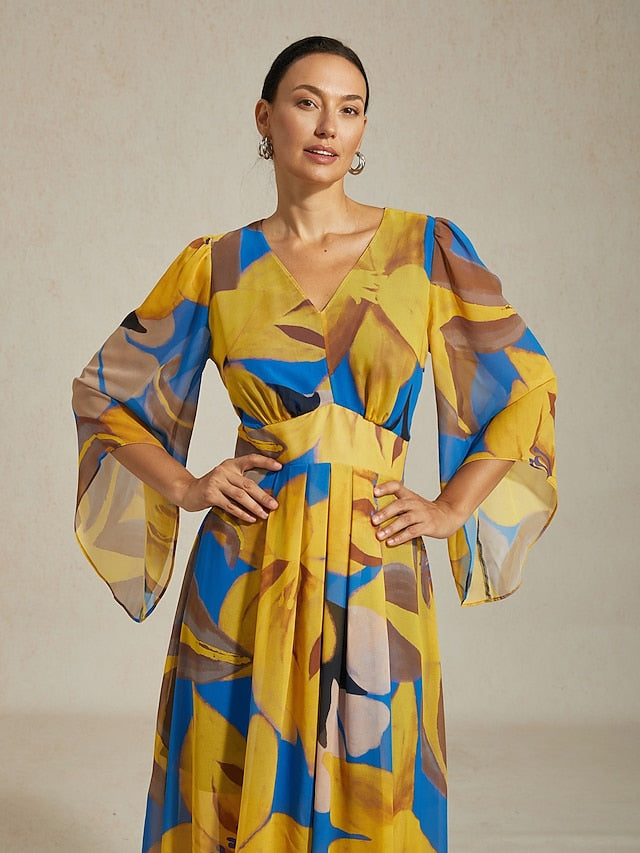 Women's Maxi Dress Chiffon Abstract Floral Print Sheer