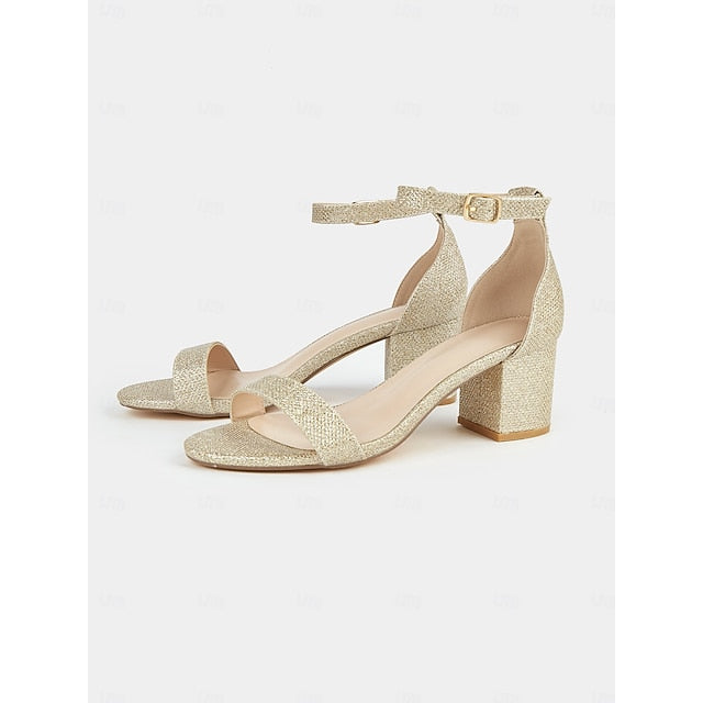Ankle Glitter Heel Sandals with Women's Gold Stylish Block