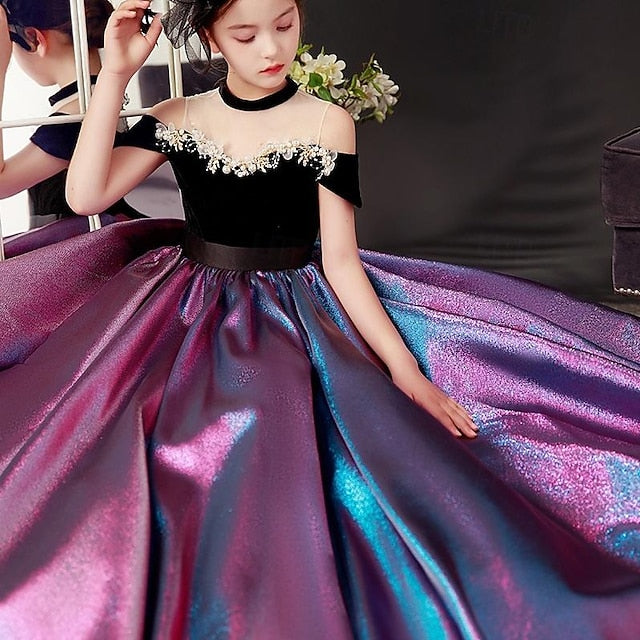 Solid Short Kids Party Girls' Dress Color Sleeve