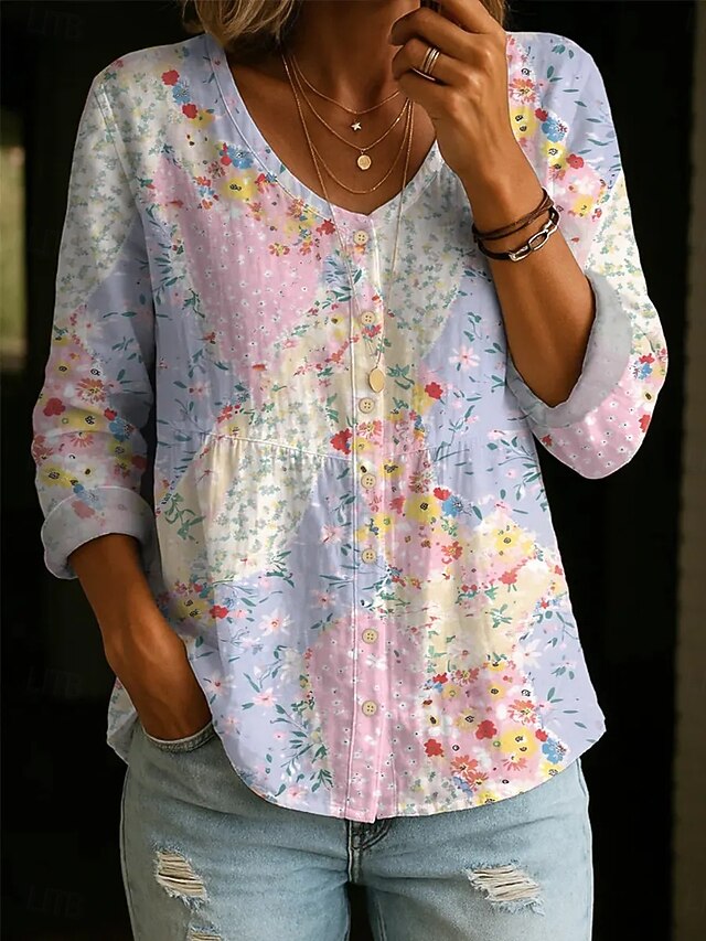 Women's Blouse Buttons Print Floral Elegant Vacation