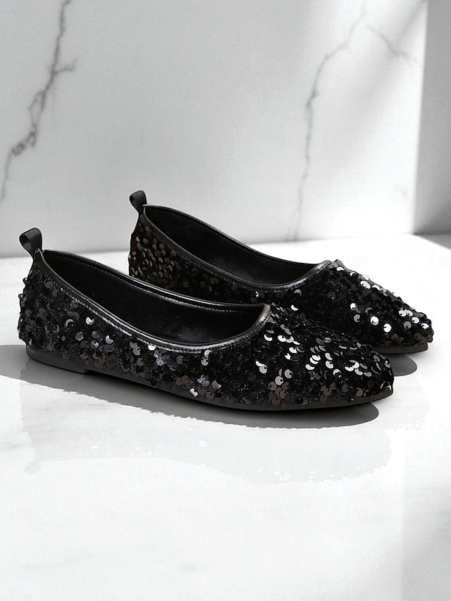 Sparkly Flats Sequin Women's Black Toe Pointed - Ballet