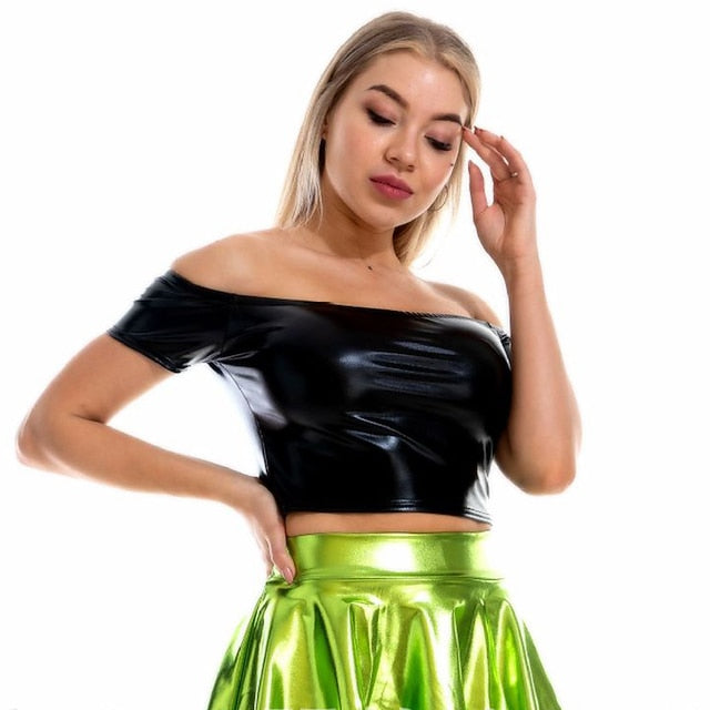 Metallic 1980s Shiny Latex Patent Crop Top PU Leather Off