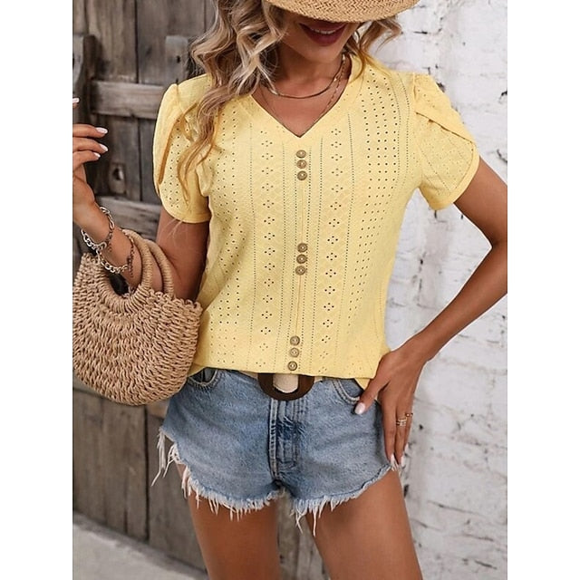 Women's T Shirt Eyelet Plain Fashion Stylish Classic Short