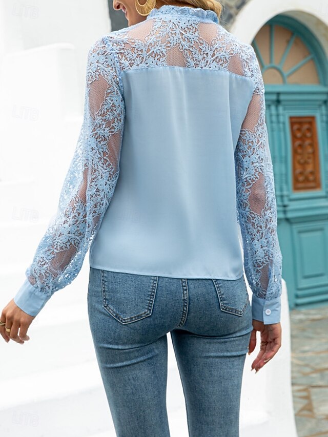 Women's Lace Shirt Blouse Tie Front Lace Solid Color