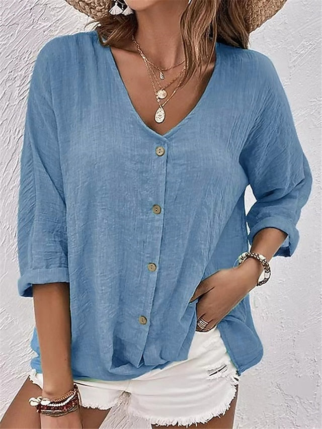 Women's Shirt Blouse Ruched Buttons Plain Elegant Vacation