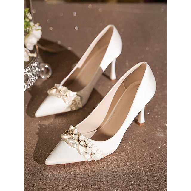 with Heel White Pumps Toe Ruffle High Women's Satin Pointed