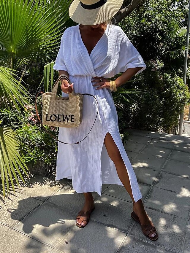 Women's Black White Apricot Summer Spring Midi Dress Faux