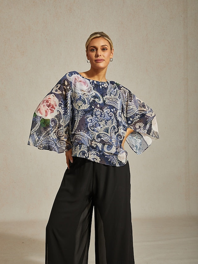 Women's Blouse Green Paisley Botanical Print Layered