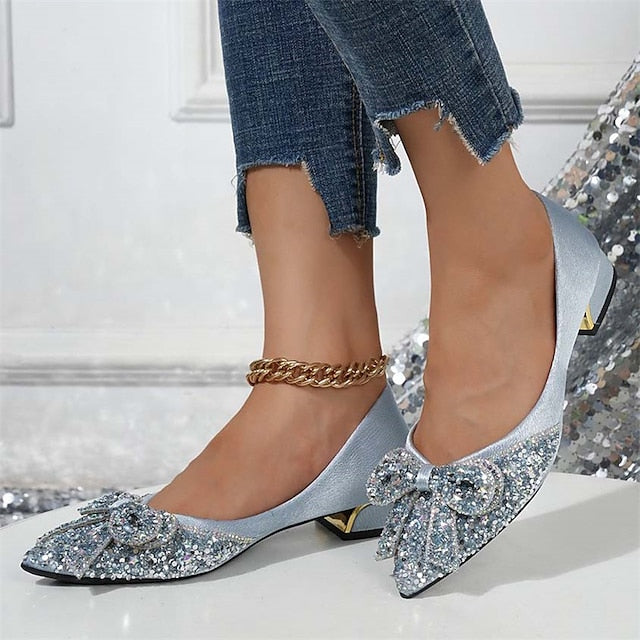 Bow - Glitter Rhinestone Elegant Flats with Women's Detail