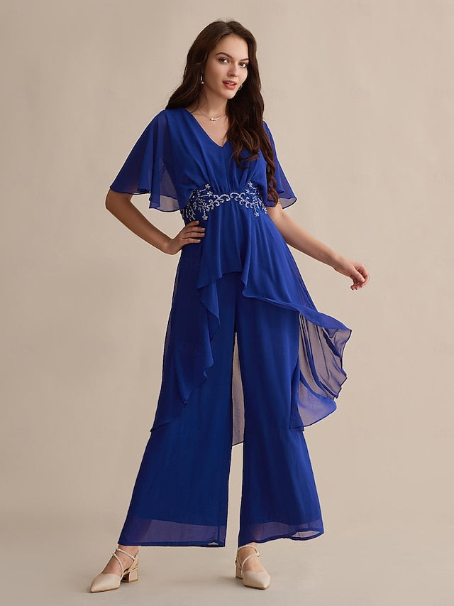 Blue Chiffon Cuff Wedding Embroidered Sequin Royal Flare Guest