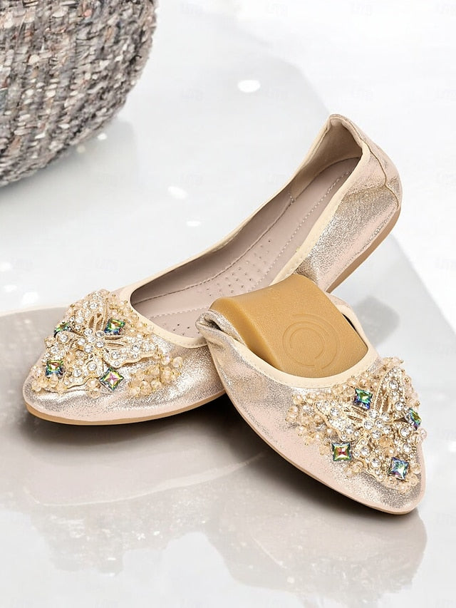 Gold Women's Crystal Foldable Glitter Flats with