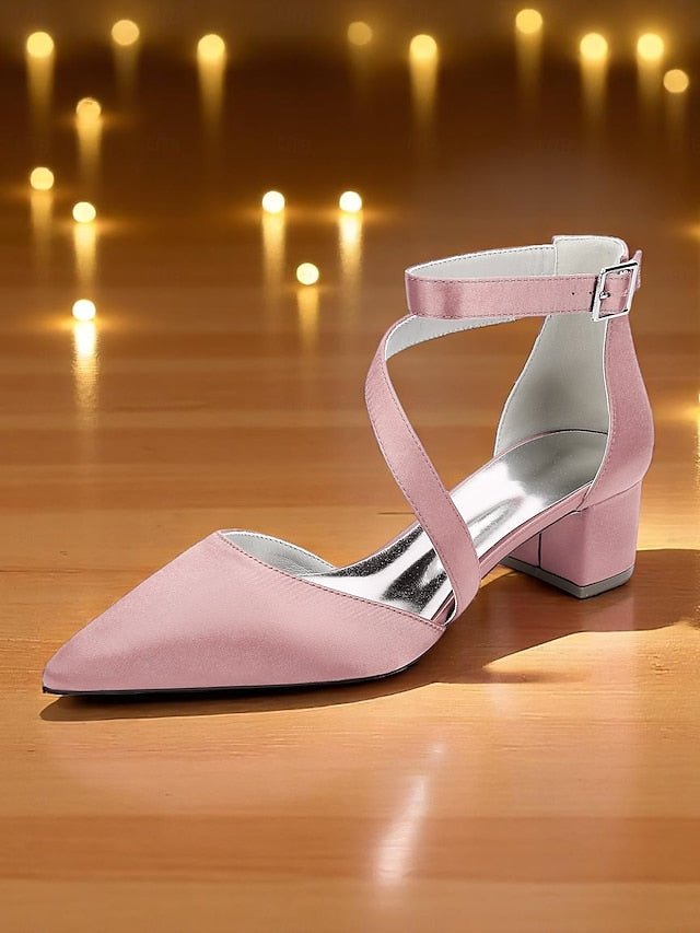 Women's Pointed Heels Toe Satin Block Champagne -