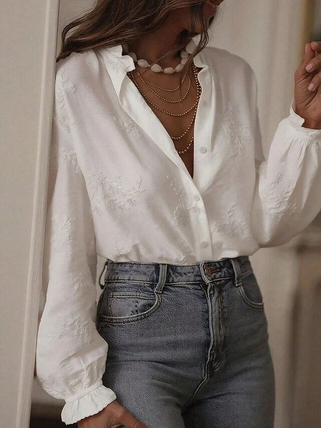 Women's Blouse Embroidered Buttons Floral Stylish Casual