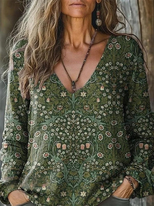 Women's Blouse Print Floral Bohemia Vintage Long Sleeve V