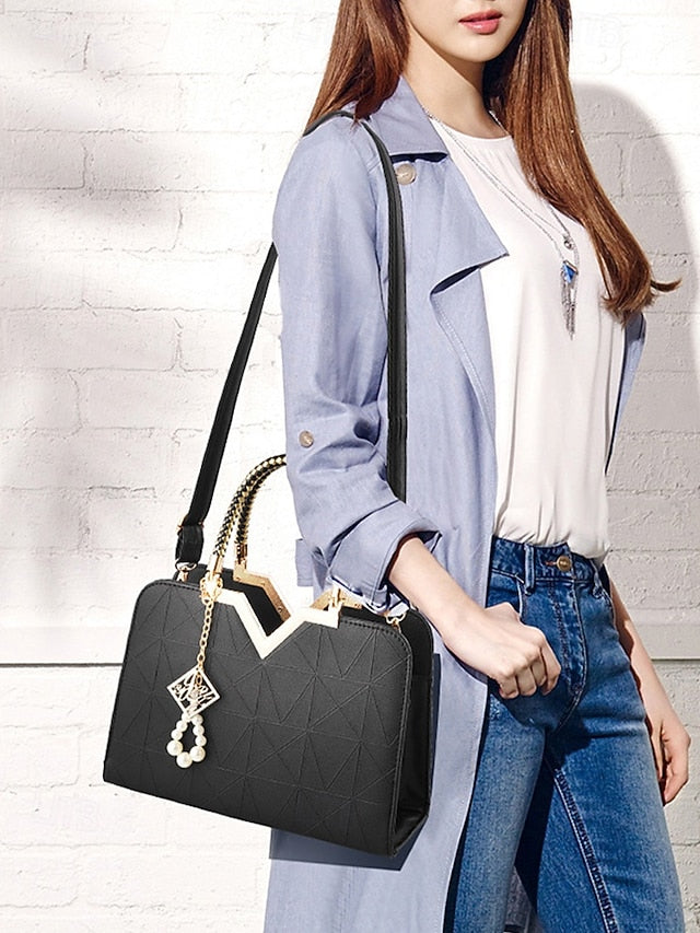 Women's Faux Leather Handbag with Pearl Pendant – Elegant