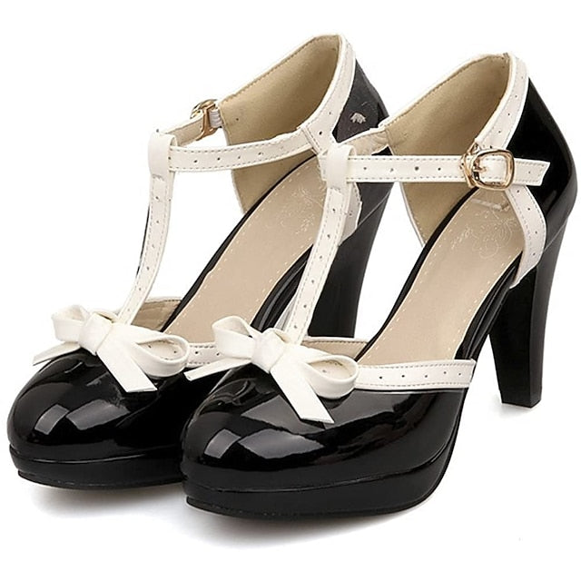 with Leather White Patent T-Strap Women's High Heels Black